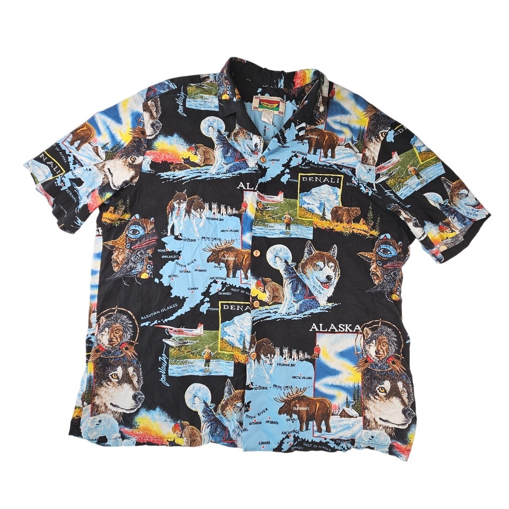 Banana Jack Honolulu Alaska Wolf Map Shirt Mens 2XL Vintage Y2K 90s Black Rayon